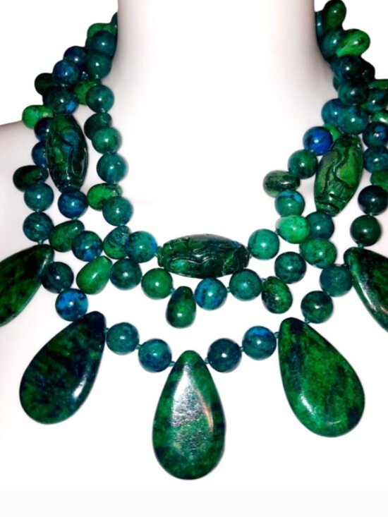 Jewelry - Handmade Azurite Malachite Chrysocolla Teardrop Cabochon Beaded Necklace, Heavy